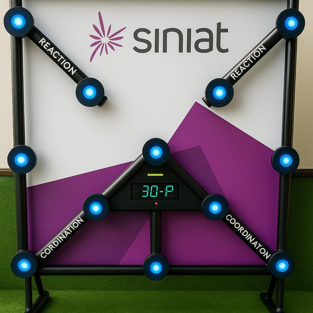 Woman playing Batak reaction game at a fitness event in Dubai, touching illuminated buttons to test her speed and reflexes. "Speedy Speedy" displayed on wall.